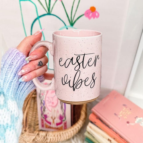 Ostern Frühling Keramik Kaffeetasse 473ml Pastellblau Rosa Großer Bräunlicher Sockel Geschenk