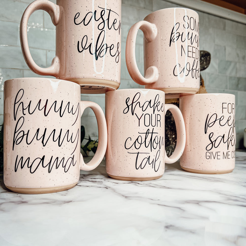 Ostern Frühling Keramik Kaffeetasse 473ml Pastellblau Rosa Großer Bräunlicher Sockel Geschenk