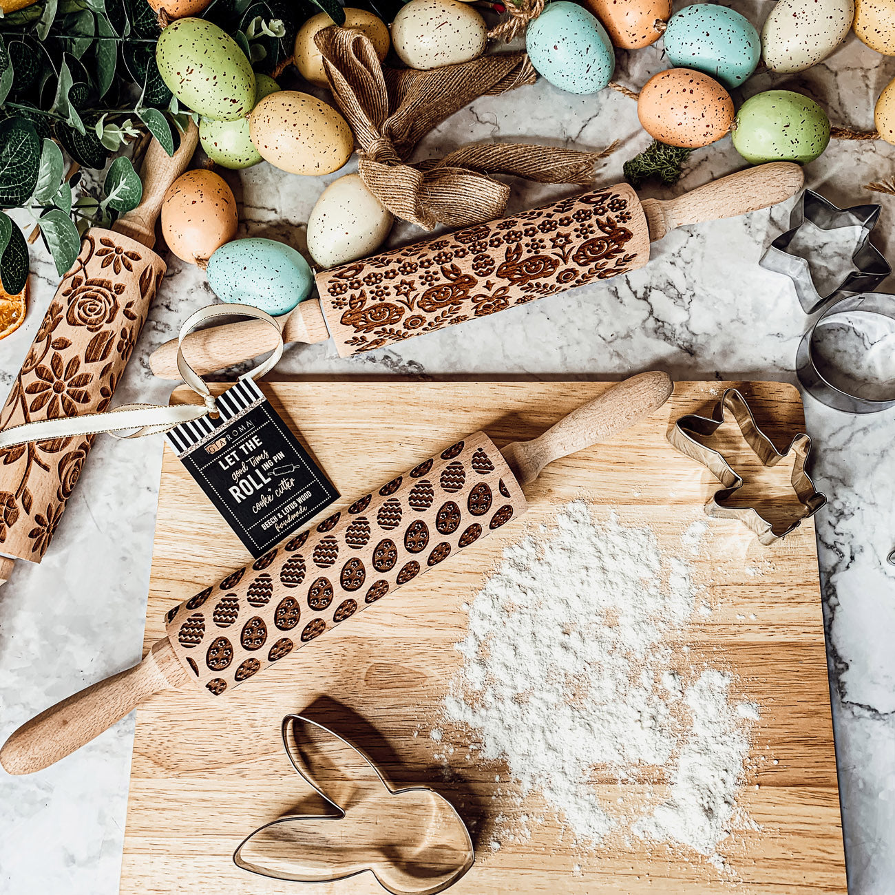 Easter Spring Rolling Pins for Kids and Bakers - Embossed Cookie Dough Pins