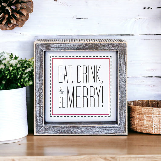 Manger Boire Joyeux Panneau en bois de 5 pouces Décoration murale de cuisine de vacances Accent rustique de Noël pour la maison