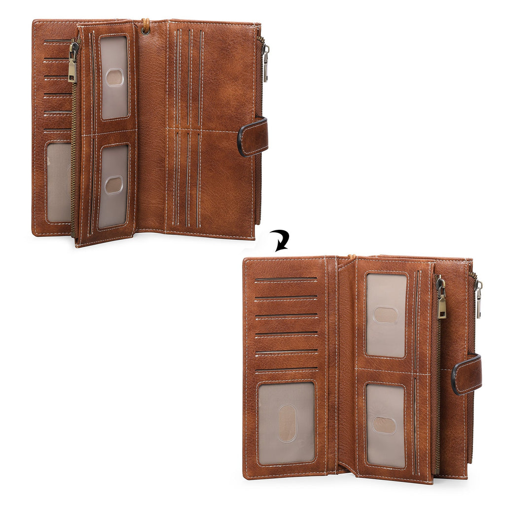 Womens Long Wallet Multi-functional Vintage Tri-fold Purse