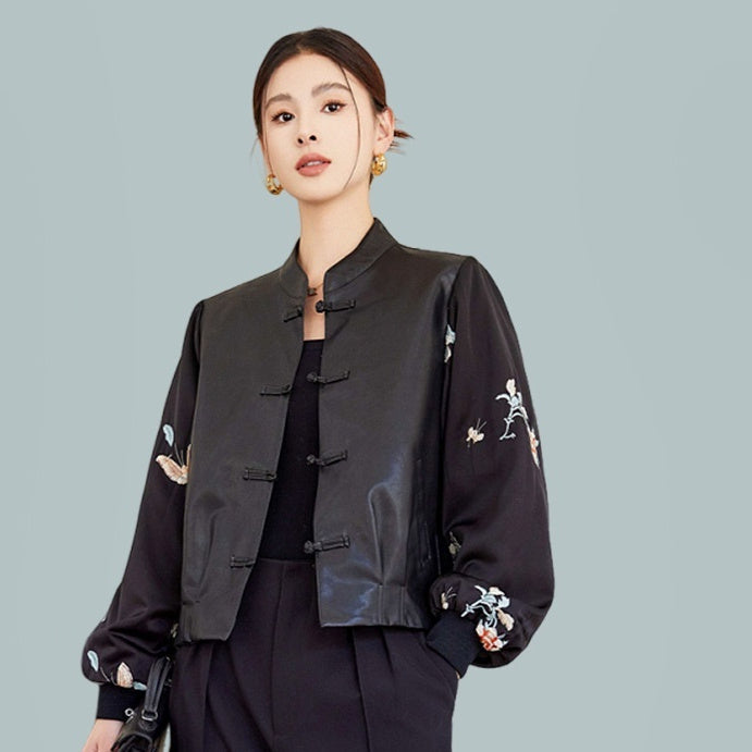 New Chinese Style Stitching Leather Coat Women's Retro Women's