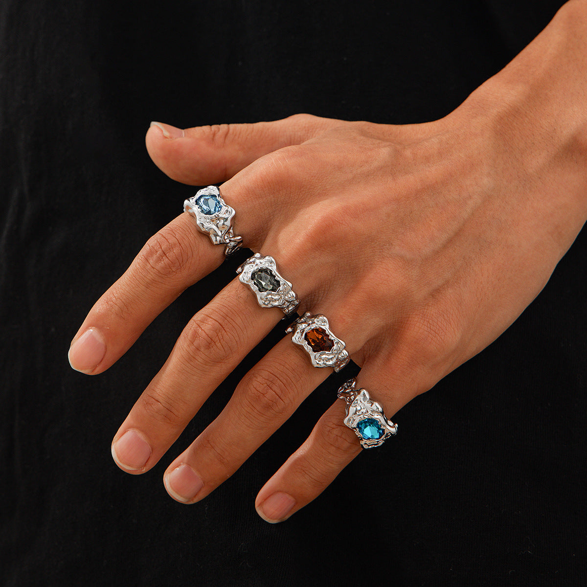 European And American Fashion Cool Pleated Lava Metal Gemstone Ring For Men