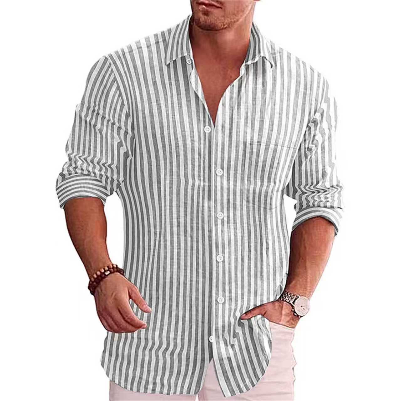 Men's Casual Digital-Print Lapel Striped Shirt