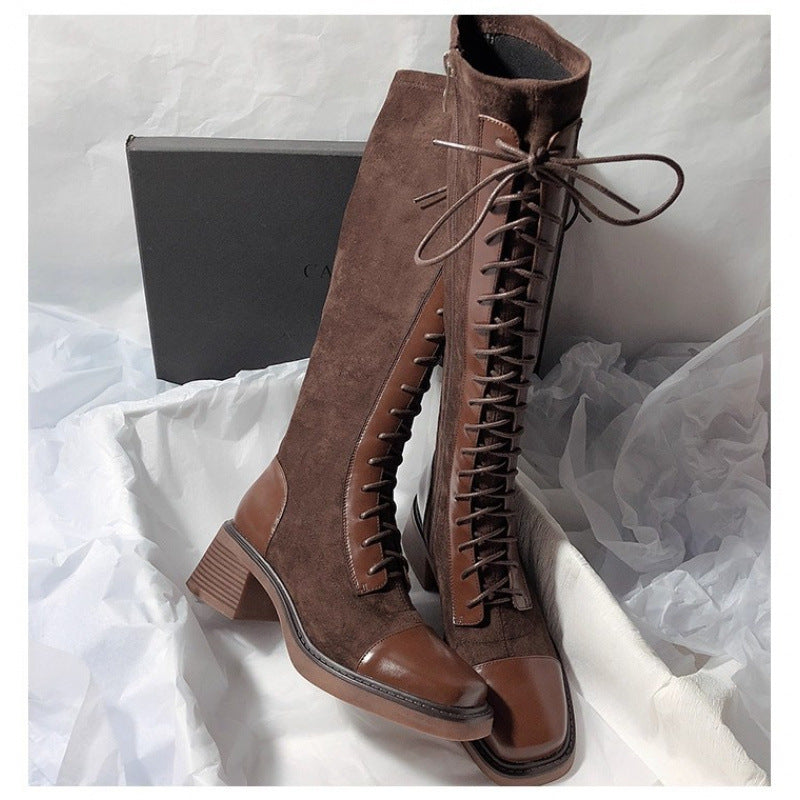 Stitched Round-toe Lace-up High-top Womens Boots