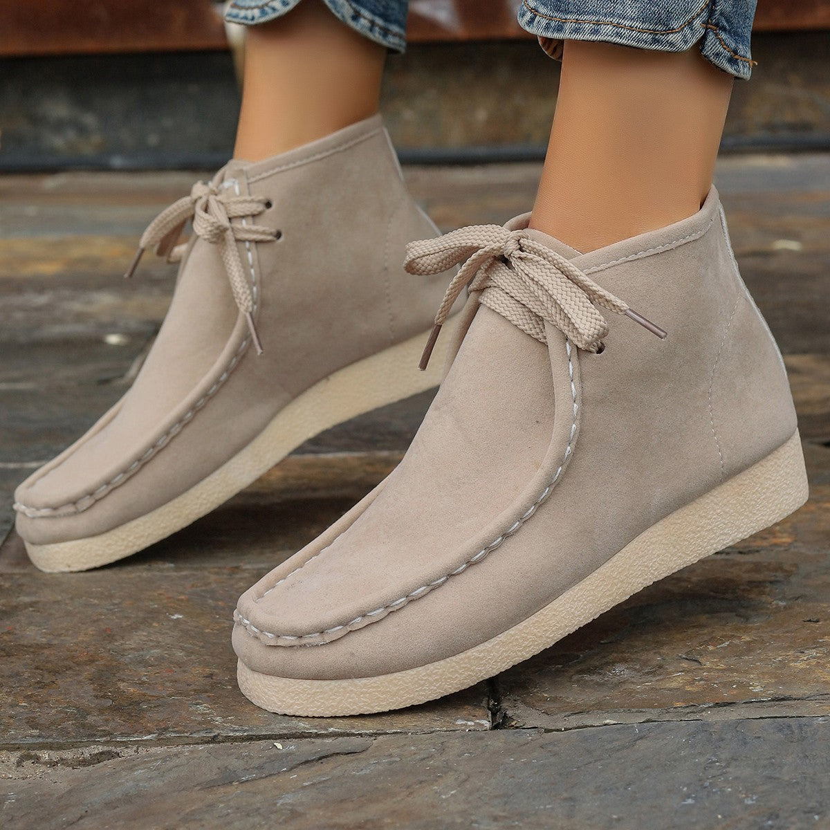 Stitched-detail Round-toe Lace-up British-style Ankle Boots For Women With A Hidden Heel