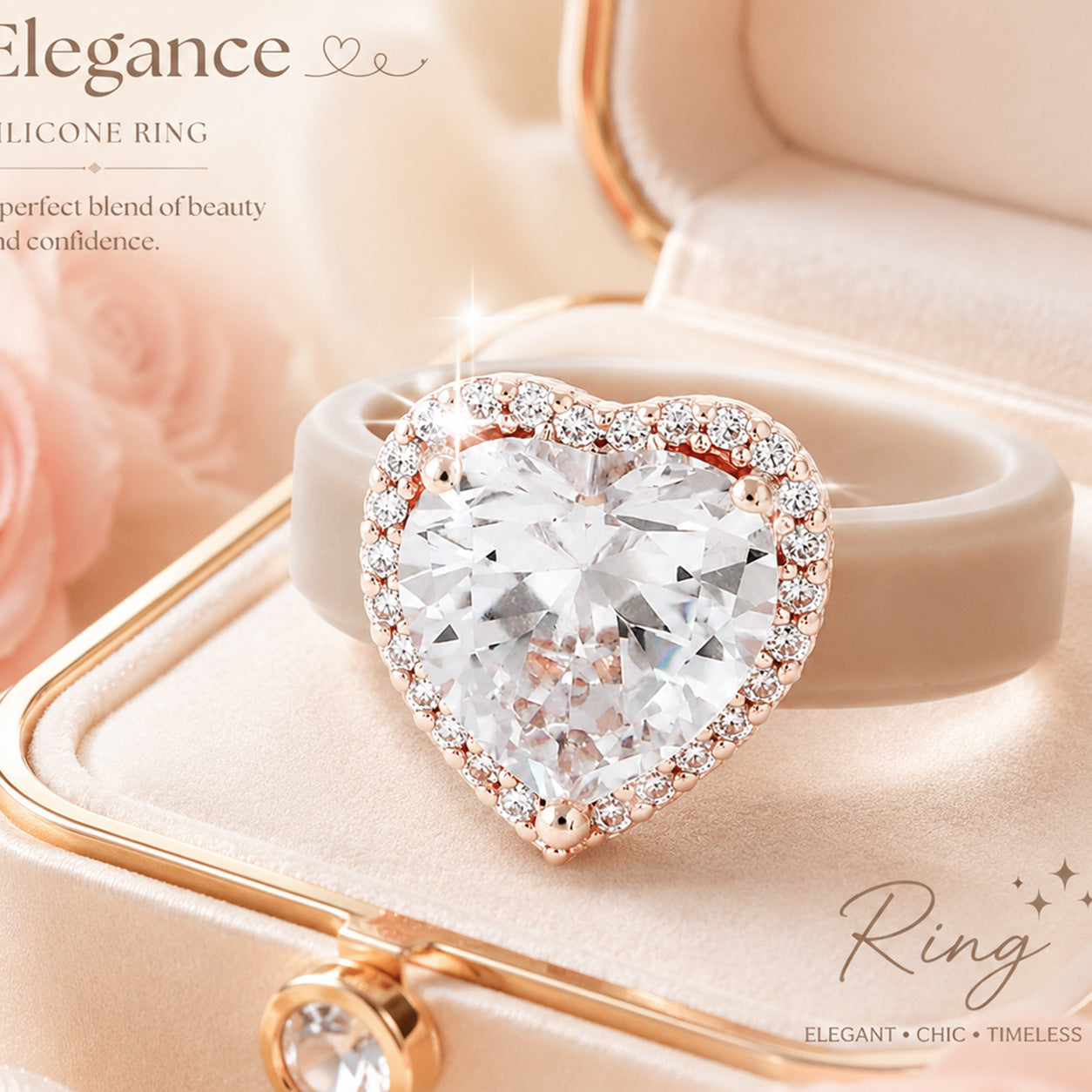 Silicone-inlaid Heart-shaped Zircon Ring