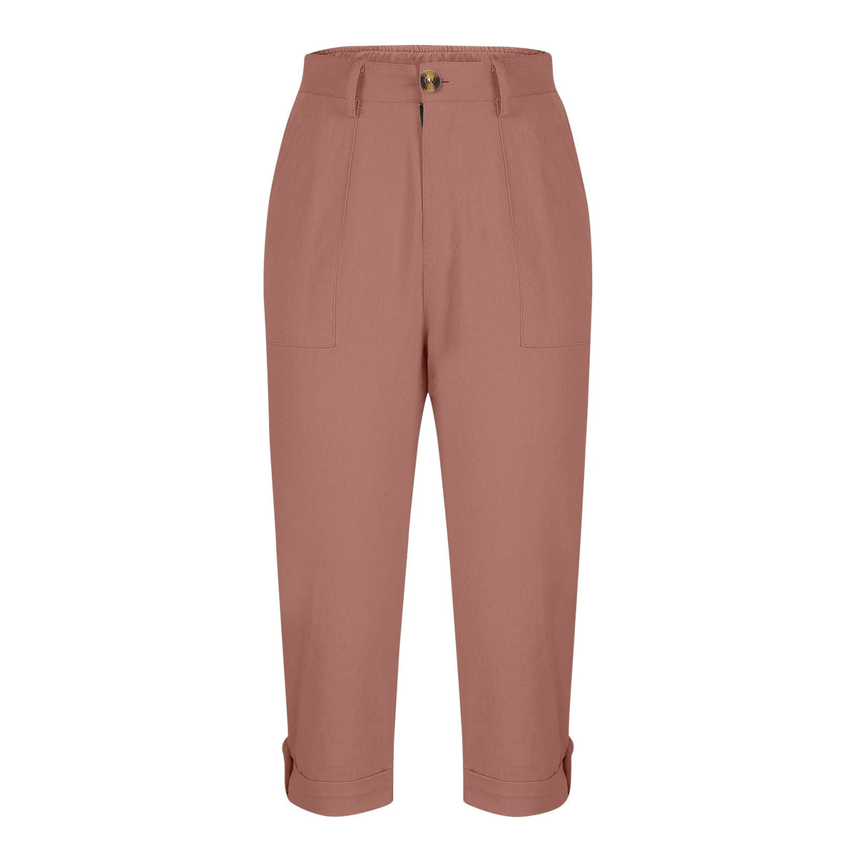 Womens Solid-color Buttoned Roll-up Capri Pants
