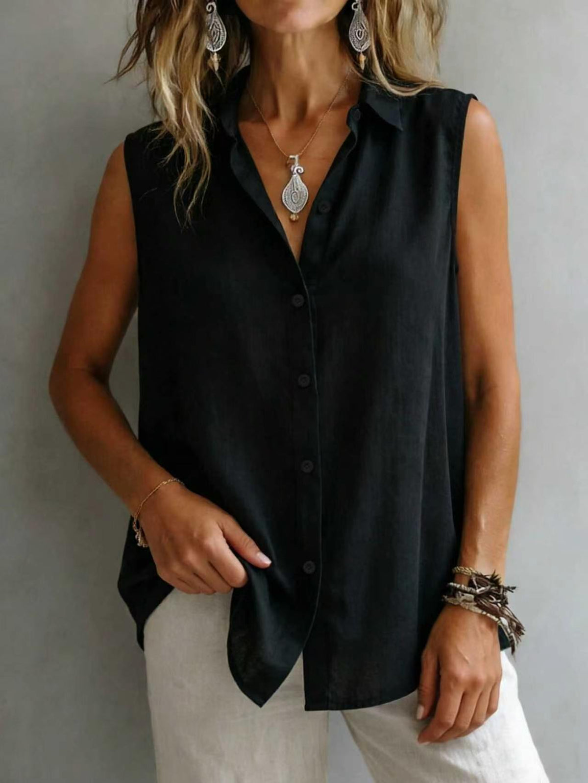 Women's Solid Color Lapel Sleeveless Top