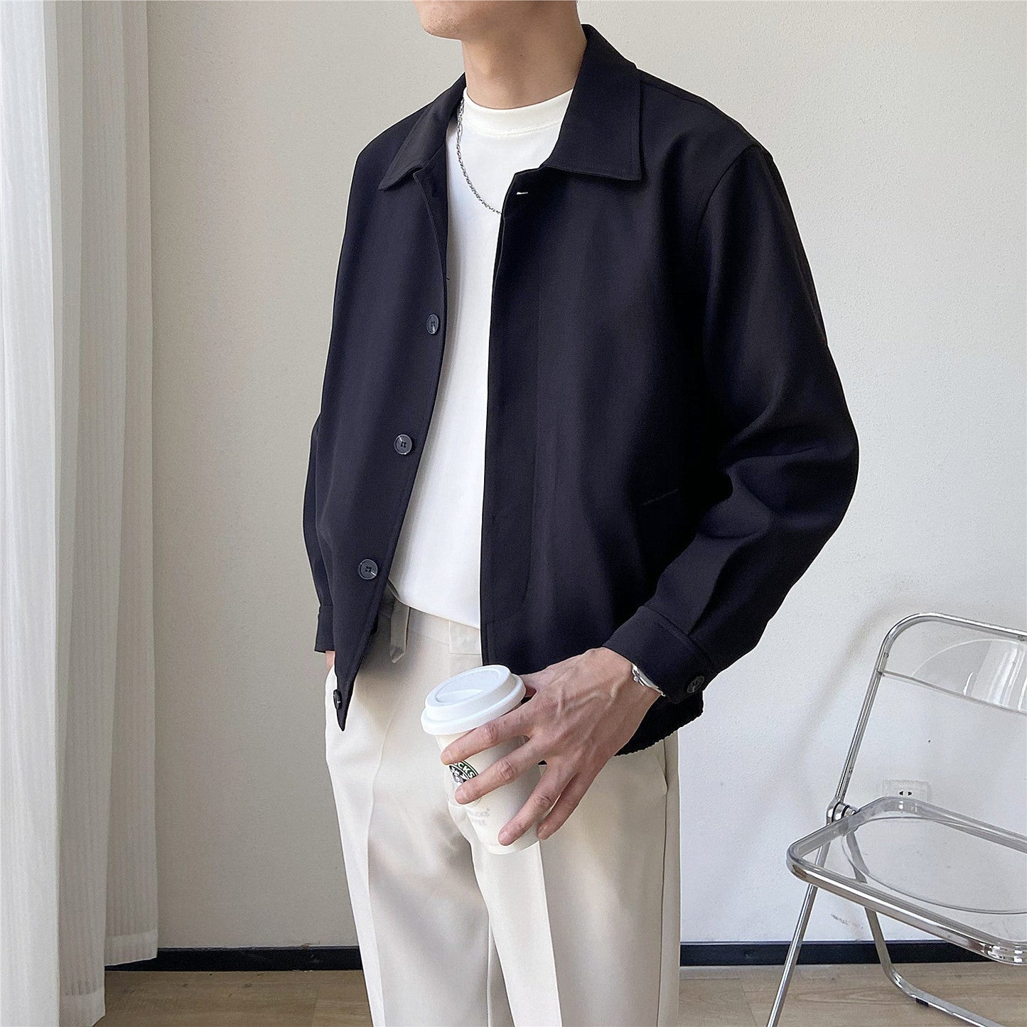 SpringAutumn Korean-style Mature Mens Clothing Loose-fitting Cropped Style