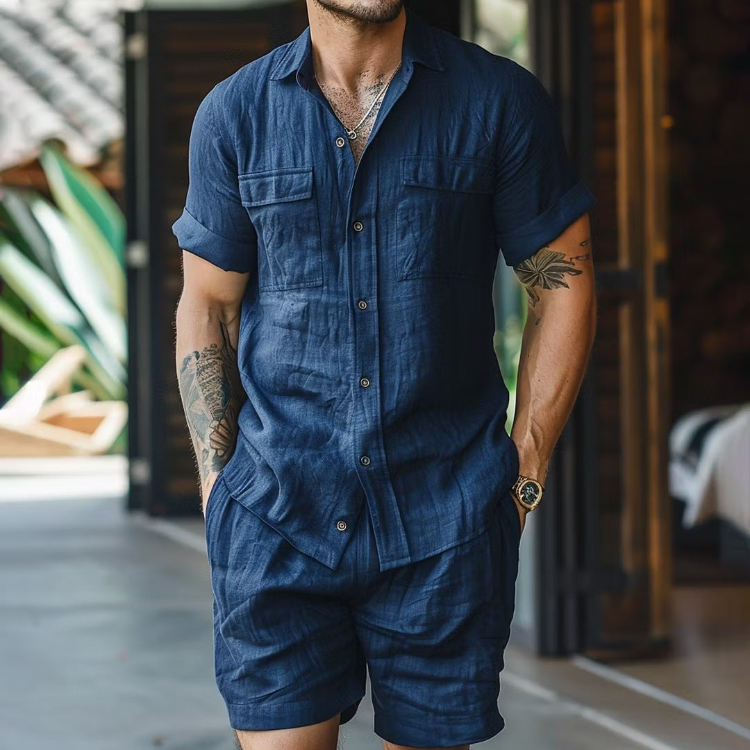 Relaxed-fit Linen Outdoor Casual Beach Multi-pocket Lapel Workwear Short-sleeve Shirt And Shorts Set