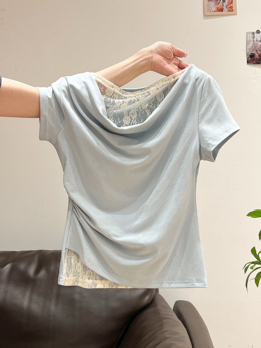Korean Style Lace Stitching Swing Collar Off-shoulder Short Sleeve T-shirt