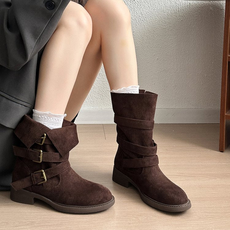 Retro Thick Soled High Rise Slimming Fashionable Lapel Thick Heel Midsole Boots