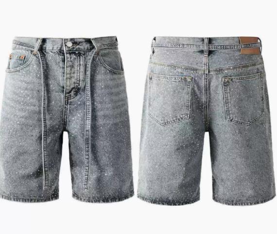 Straight-leg Rhinestone-studded Denim Shorts