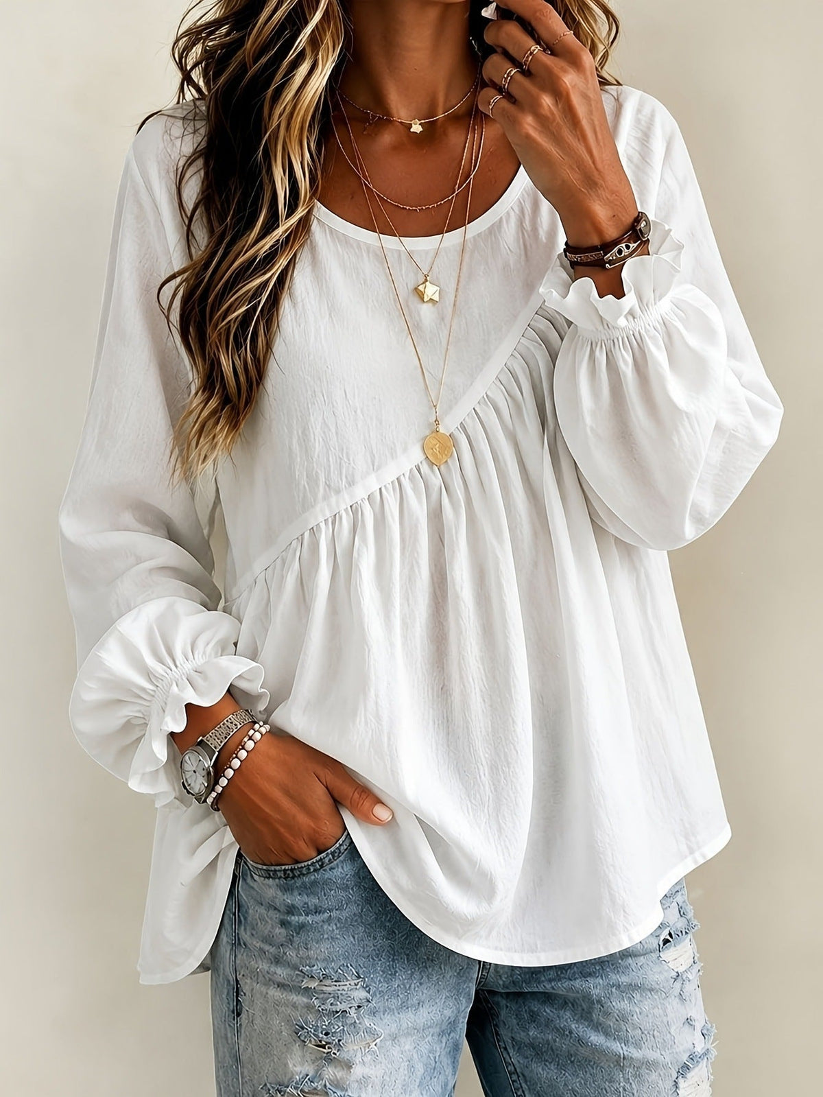 2026 New Cross-Border European And American Style Women's Solid Color Round Neck Long Sleeve Ruched Shirt Top, Casual Versatile Loose Fit