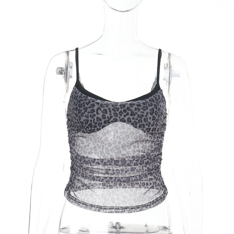 New Sexy Mesh Leopard-Print Fake Two-Piece Camisole Top