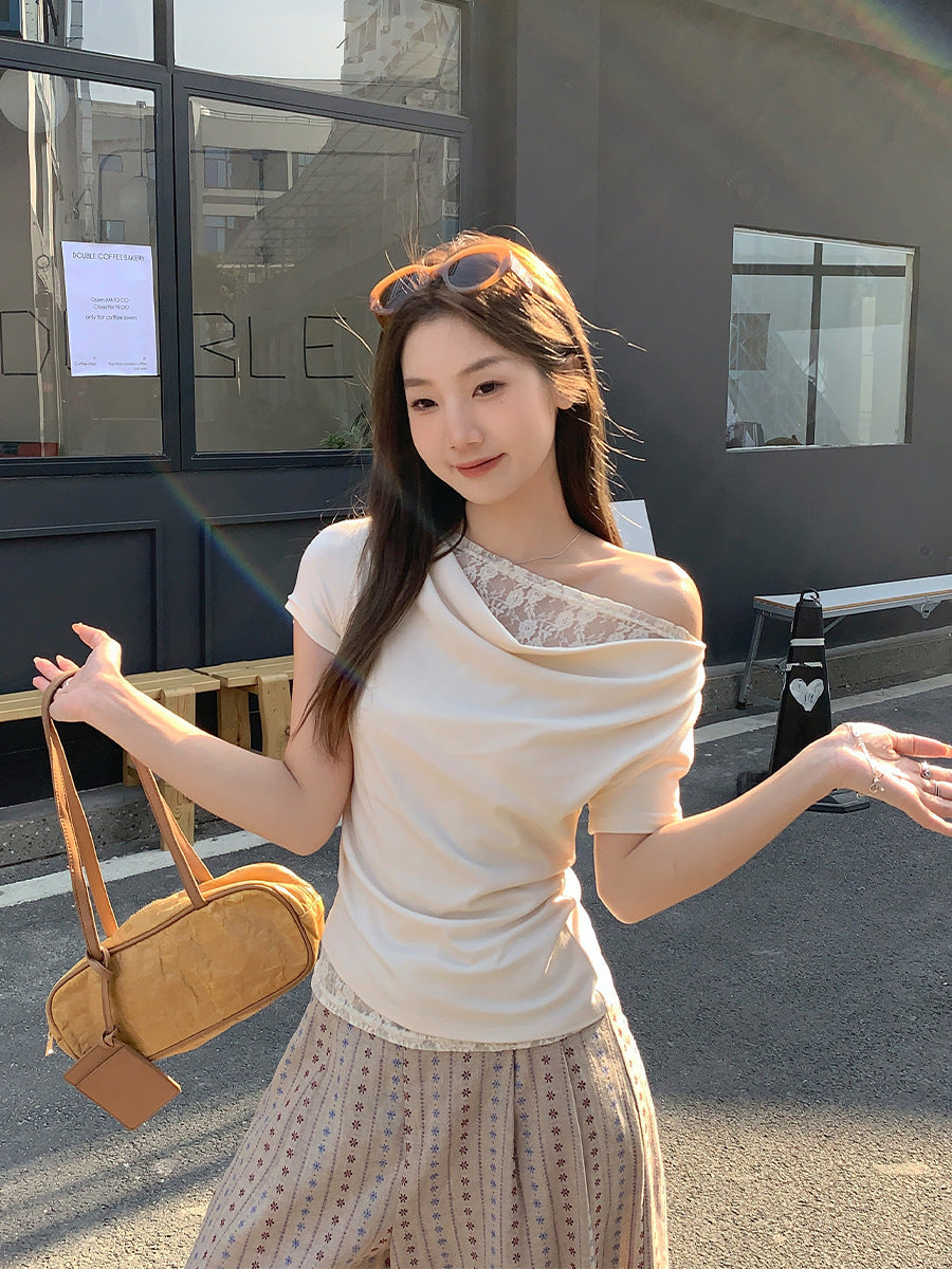 Korean Style Lace Stitching Swing Collar Off-shoulder Short Sleeve T-shirt