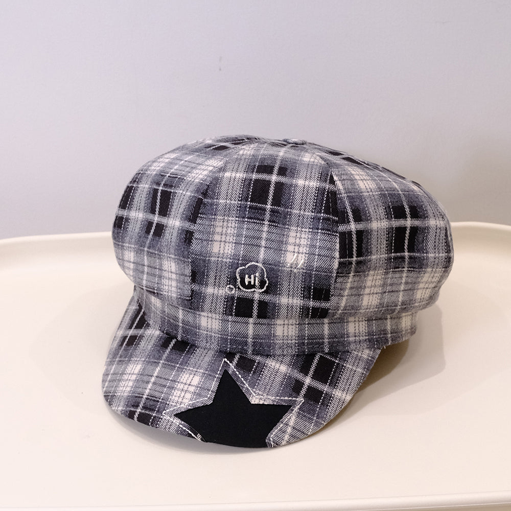 Star Patterned Octagonal Newsboy Cap With An Academic Style, Featuring A Literary Vibe And Versatile Compatibility. A Beanie Hat With A Soft Top And A Combination Of Small Letters In Different Colors