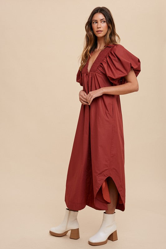 Smocked Puff Sleeve Midi Dress For Women – Feminine and Trendy Midi Dress with Smocked Detailing and Dramatic Puff Sleeves for a Sophisticated Look