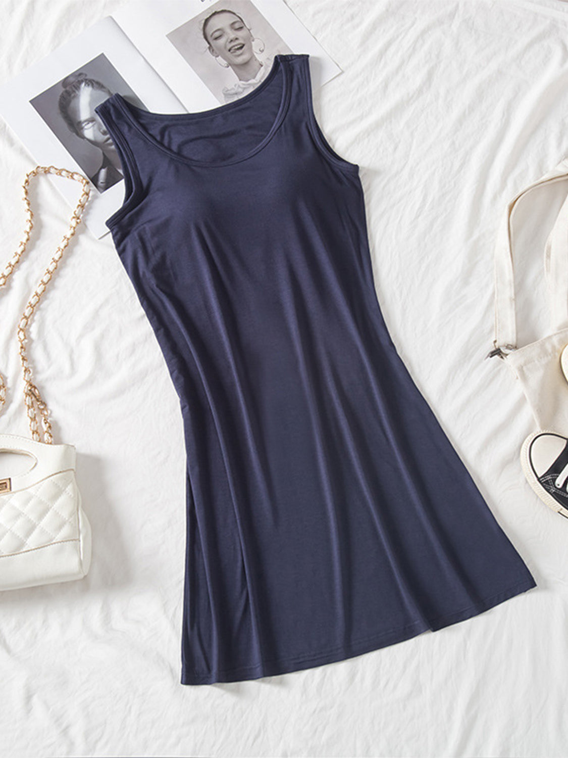 Classic Round Neck Wide Strap Mini Dress With Built-In Bra Comfortable Sleeveless Dress