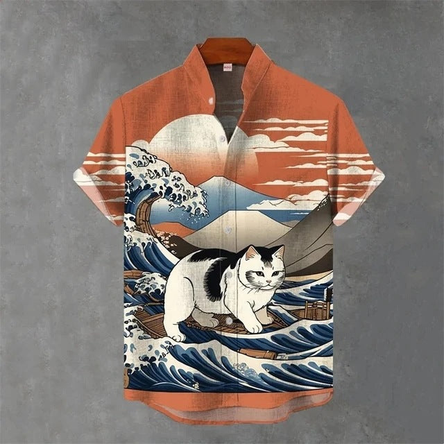 Animal-print Mens Shirt Summer Casual Short Sleeves