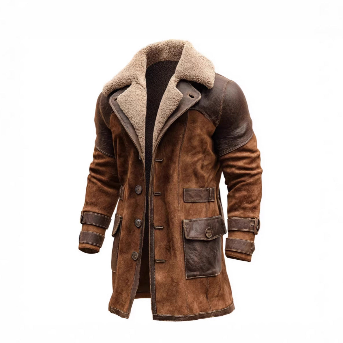 Mens Retro Patchwork Suede Coat, Long Style For Fall And Winter