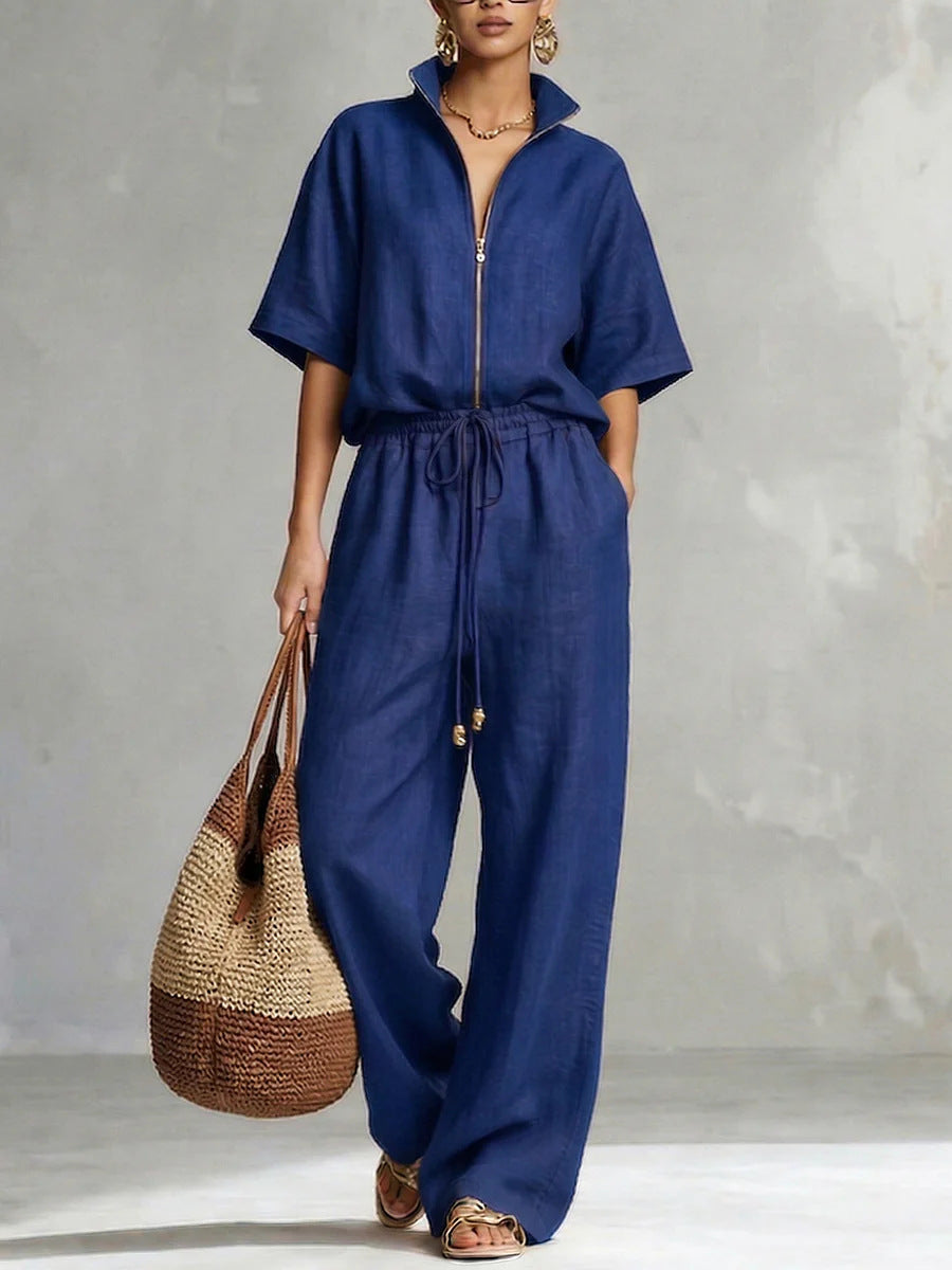 Women's Zip-Up Crew-Neck Top & Wide-Leg Pants Set