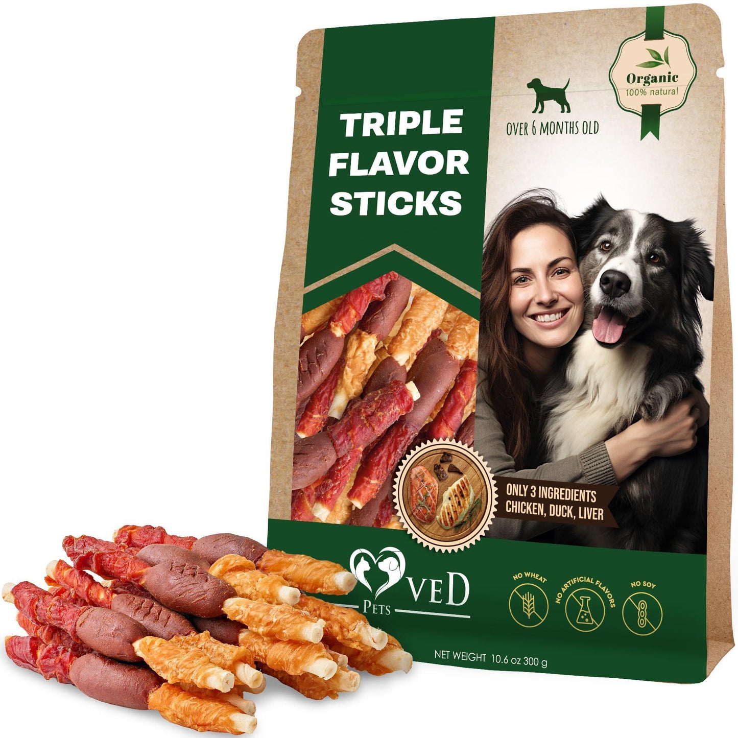 Triple Flavor Dog Rawhide Treats Duck & Chicken Human Grade Meat Natural & Organic Pet Dried Snacks Grain Free Long Lasting Chews for Large & Small Dogs Best Sticks for Healthy Teeth