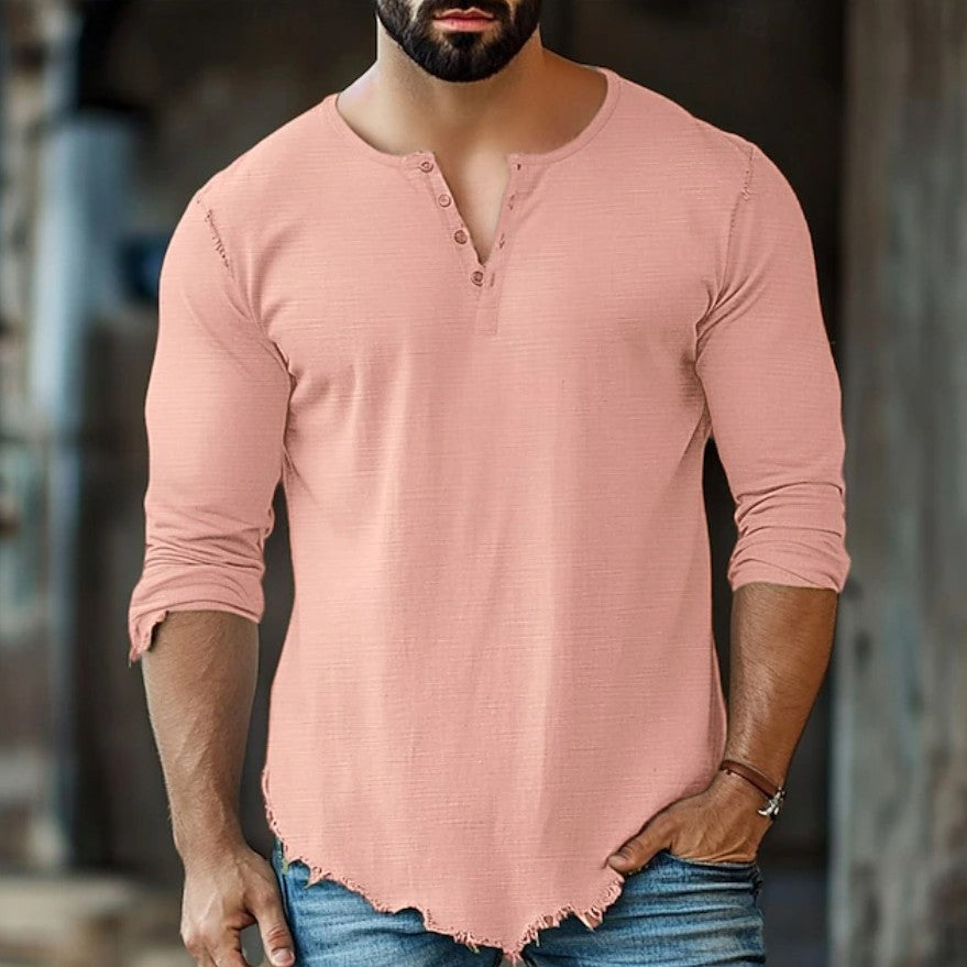 Fashionable Mens Casual Solid-Color Four-Button Long-Sleeve T-Shirt