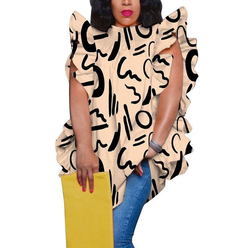 Women's Plus-Size Printed Crew-Neck Ruffle-Trim Loose-Fit Blouse