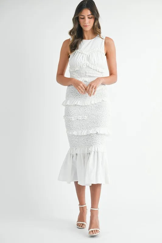 Ruffled Popcorn Smocked Mermaid Midi Dress – Feminine Midi Dress, Smocked Dress, Ruffled Mermaid Dress, High Waist Dress, Popcorn Smocked Design, Elegant Party Dress, Romantic Event Dress