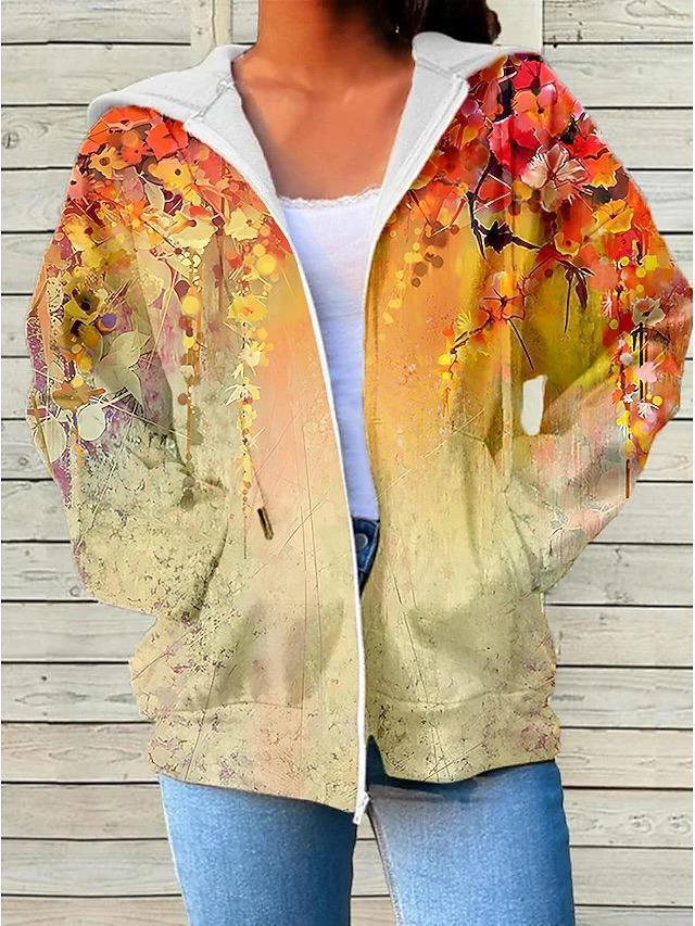 Womens Fashionable Casual Printed Zip-Up Hoodie
