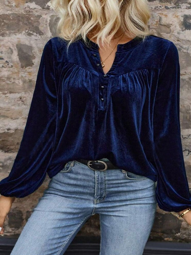 Elegant Long Sleeve Top For Spring & Fall  Women's Casual Chic Solid Color Pullover V-Neck Button