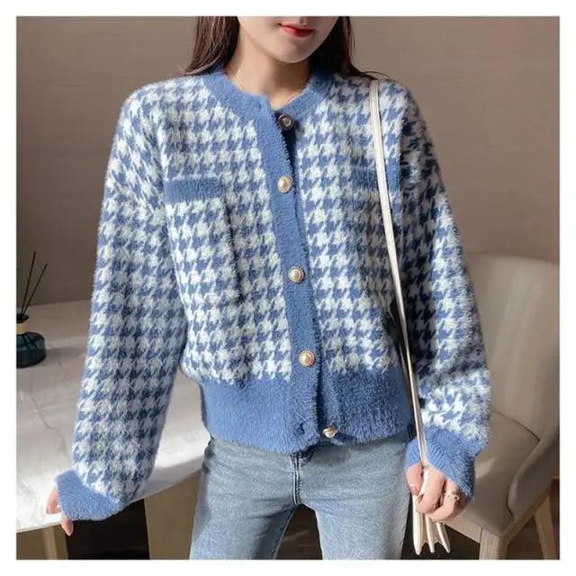 Elegance Short Sweater Cardigan Jacket For Women Modern Imitation Mink Fleece Knitwear Tops Vintage O-neck Knitted Coats