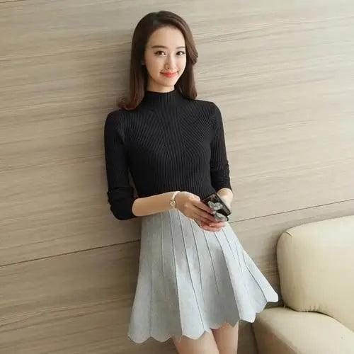 Elegance Solid White and Black Tops,Sweaters Winter Long Sleeve Turtleneck Pullovers Women's Sweaters Female Clothing