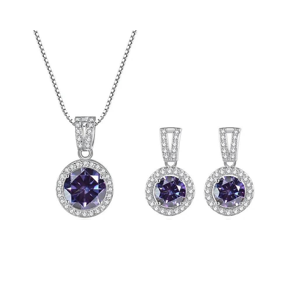 Colored Halo Moissanite Necklace & Drop Earrings Set in Silver