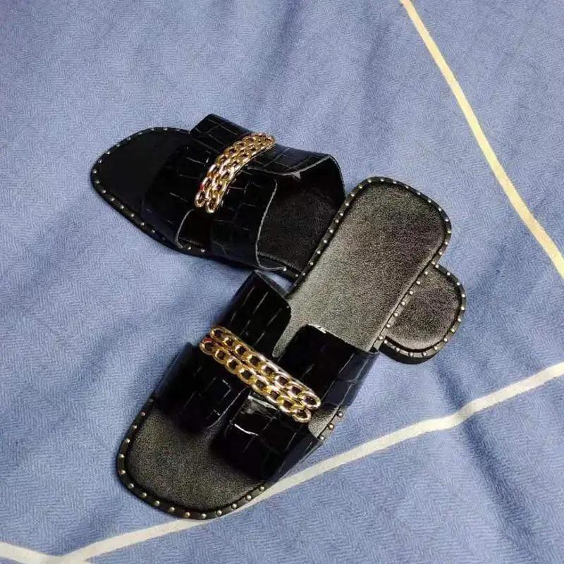 Elegant Black Women Chain Flip Flops Luxury Design  Sandal Women Outdoor Slippers Casual Style Sandals