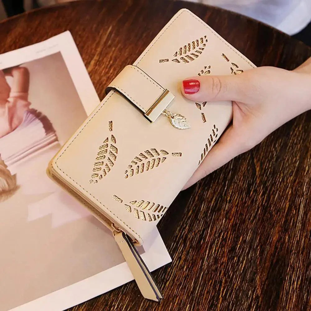 Elegant Leaf Zipper PU Leather Women Wallet Retro Card Holder Modern Design Wallet Excellent Gift