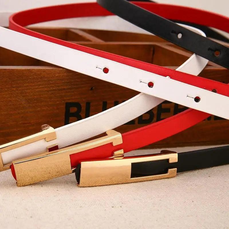 Elegant Leather Adjustable Thin Belt For Women Unique Black Design Ladies Belt High Quality Charming Waistbands For Dress