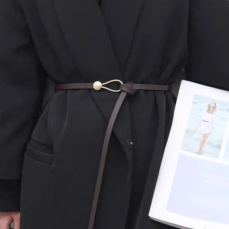 Elegant Leather Adjustable Thin Belt For Women Unique Black Design Ladies Belt High Quality Charming Waistbands For Dress