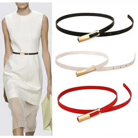 Elegant Leather Adjustable Thin Belt For Women Unique Black Design Ladies Belt High Quality Charming Waistbands For Dress