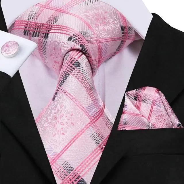 Elegant Pink Silk  Necktie Pocket Square Cufflinks Set Elegant Men's Fashion Wedding Ties For Men And Daily Wear Ties
