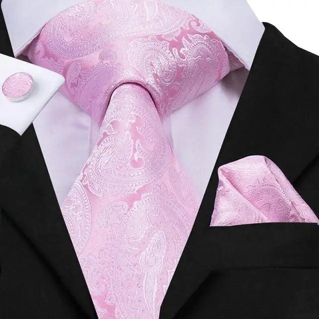 Elegant Pink Silk  Necktie Pocket Square Cufflinks Set Elegant Men's Fashion Wedding Ties For Men And Daily Wear Ties