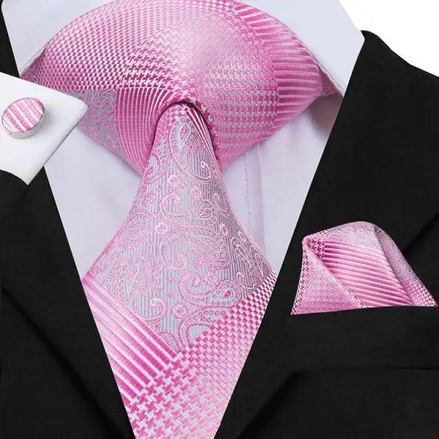 Elegant Pink Silk  Necktie Pocket Square Cufflinks Set Elegant Men's Fashion Wedding Ties For Men And Daily Wear Ties