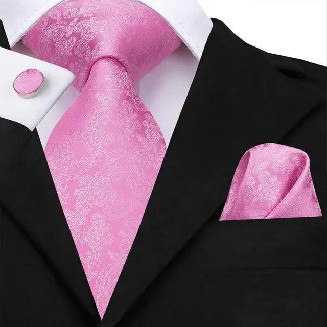 Elegant Pink Silk  Necktie Pocket Square Cufflinks Set Elegant Men's Fashion Wedding Ties For Men And Daily Wear Ties