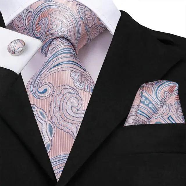 Elegant Pink Silk  Necktie Pocket Square Cufflinks Set Elegant Men's Fashion Wedding Ties For Men And Daily Wear Ties