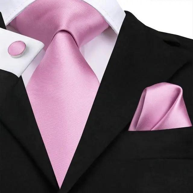Elegant Pink Silk  Necktie Pocket Square Cufflinks Set Elegant Men's Fashion Wedding Ties For Men And Daily Wear Ties