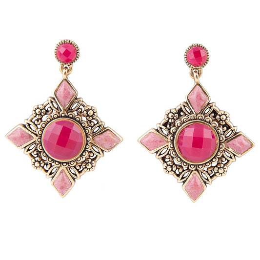 Boucles d'oreilles pendantes puces dorées avec quartz rose orné