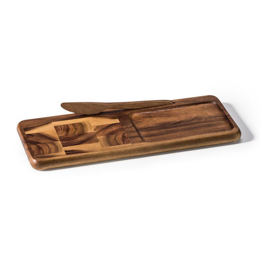 End Grain Cheese Board With Acacia Knife, Grooved Double Section Serving Board
