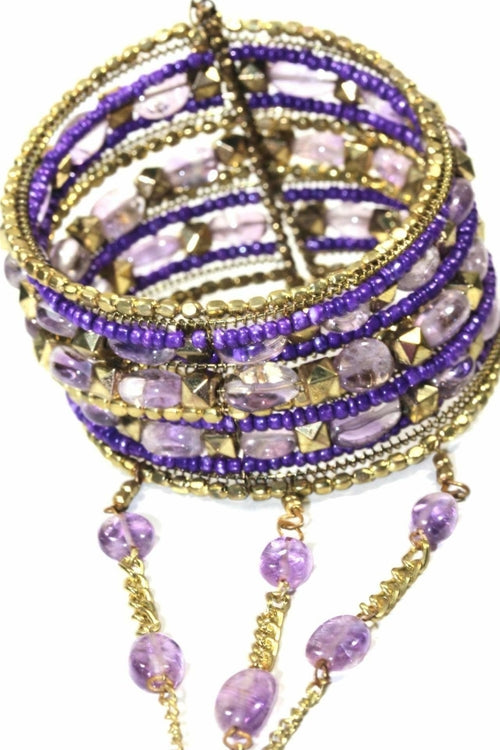 Exotic Gemstone Cuff Bangle With Linked Ring Set Style